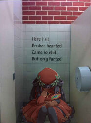 1girl bathroom dante_alighieri_(hell_maiden) diana_sora dress facepalm gloves hell_maiden holding holding_quill meme pantyhose poem quill red_dress sitting