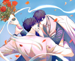Rule 34 | 2boys, absurdres, black eyes, black hair, black sleeves, blue background, bouquet, coat, collared shirt, falling petals, flower, formal clothes, hand on another&#039;s face, hand on another&#039;s waist, hand on another&#039;s wrist, highres, implied yaoi, jacket, jacket on shoulders, kim dokja, lens flare, looking at another, male focus, multiple boys, necktie, omniscient reader&#039;s viewpoint, open mouth, petals, raya (000 unseen), reaching, reaching towards another, red flower, red rose, ribbon, rose, shirt, short hair, suit, tuxedo, upper body, white coat, white necktie, white ribbon, white shirt, white suit, yoo joonghyuk