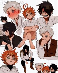 1girl 2boys ? @_@ ahoge black_hair blush collared_shirt convenient_censoring covering_own_mouth earbuds earphones emma_(yakusoku_no_neverland) grey_hair hair_ornament hairclip highres multiple_boys neck_tattoo norman_(yakusoku_no_neverland) number_tattoo open_mouth orange_hair qin_(7833198) ray_(yakusoku_no_neverland) shirt short_hair sitting tattoo watch white_background white_shirt wristwatch yakusoku_no_neverland