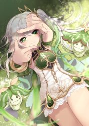 Rule 34 | 1girl, absurdres, aranara (genshin impact), bloomers, bracelet, braid, cross-shaped pupils, detached sleeves, dress, finger frame, genshin impact, gold trim, gradient hair, green eyes, green hair, hair ornament, highres, jewelry, leaf hair ornament, lying, multicolored hair, nahida (genshin impact), on back, pointy ears, sazanka, side ponytail, smile, solo, symbol-shaped pupils, underwear, white bloomers, white dress, white hair