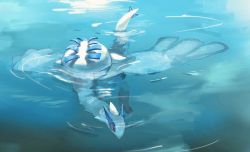 bad_id bad_twitter_id black_eyes blue_theme closed_mouth creatures_(company) full_body game_freak gen_2_pokemon highres legendary_pokemon lugia nintendo no_humans partially_submerged pecohophop pokemon pokemon_(creature) pokemon_focus ripples solo water