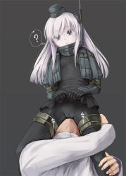 10s 1boy 1girl :c ? admiral_(kancolle) between_legs black_dress black_pantyhose cameltoe clothes_lift cowboy_shot cropped_jacket cunnilingus cunnilingus_through_clothes dress dress_lift face_in_crotch garrison_cap grey_background grey_eyes hat hetero kantai_collection kirishima_satoshi long_hair long_sleeves microskirt military military_uniform oral pale_skin pantyhose pleated_skirt sexually_suggestive silver_hair simple_background sitting sitting_on_face sitting_on_person skirt speech_bubble spoken_question_mark thought_bubble u-511_(kancolle)
