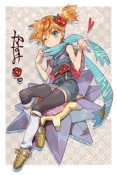 1girl black_thighhighs blush border closed_mouth commentary_request eyelashes flower gen_1_pokemon green_eyes green_nails hair_flower hair_ornament looking_at_viewer loose_socks misty_(pokemon) nail_polish nintendo orange_hair petals pokemon pokemon_(anime) pokemon_(classic_anime) pokemon_(creature) pokemon_legends:_arceus print_scarf red_flower sasairebun scarf shoes side_ponytail sleeveless socks starmie thighhighs white_border