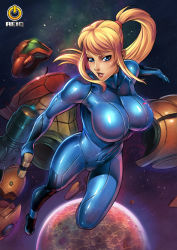 1girl armor artist_logo blonde_hair blue_bodysuit blue_eyes bodysuit breasts full_body gun holding holding_gun holding_weapon large_breasts logo long_hair looking_at_viewer metroid nintendo planet ponytail reiq samus_aran sidelocks skin_tight solo space weapon zero_suit