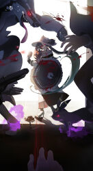 absurdres black_bow black_gloves blood bow dark_miku_(project_voltage) gen_2_pokemon gen_5_pokemon gen_8_pokemon gloves hatsune_miku highres holding holding_microphone_stand holding_umbrella kamatoyu microphone_stand nintendo obstagoon pokemon project_voltage red_eyes twintails umbrella umbreon uneven_twintails vocaloid zorua