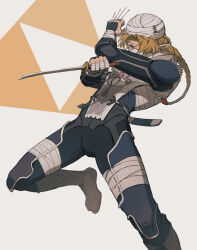 1boy absurdres blonde_hair braid braided_ponytail commentary eye_print genderswap genderswap_(ftm) hair_over_one_eye highres holding holding_weapon karasuba_kakaka long_hair nintendo pointy_ears red_eyes sheik sheikah solo the_legend_of_zelda the_legend_of_zelda:_ocarina_of_time triforce weapon
