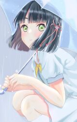 1girl absurdres black_hair blue_dress blunt_bangs blunt_ends bob_cut commentary_request dress feet_out_of_frame flower flower_knot hair_flower hair_ornament highres holding holding_umbrella kneehighs link!_like!_love_live! looking_at_viewer love_live! medium_dress momose_ginko neckerchief pleated_dress puffy_short_sleeves puffy_sleeves ruttsu sailor_collar sailor_dress short_hair short_sleeves socks solo squatting summer_uniform transparent transparent_umbrella umbrella umbrella_over_shoulder virtual_youtuber white_flower white_sailor_collar white_socks yellow_neckerchief