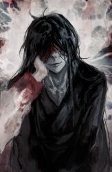 1boy absurdres black_hair blood blood_on_clothes blood_on_face closed_mouth colored_skin facing_viewer grey_skin hair_over_eyes hand_on_another&#039;s_cheek hand_on_another&#039;s_face highres homicipher long_hair male_focus mr._crawling out_of_frame sketch smile tree_qwq