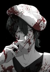 1boy apron beret black_background black_eyes black_hair black_shirt blood blood_in_hair blood_on_clothes blood_on_face blood_on_hands blood_stain hat highres limbus_company limeu0107 looking_at_viewer male_focus open_mouth partially_colored ponytail project_moon ring_(identity)_(project_moon) shirt short_hair short_ponytail solo teardrop_facial_mark upper_body white_apron white_hat yi_sang_(project_moon)