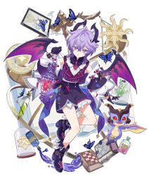 1boy absurdres bare_shoulders black_shoes black_shorts bug butterfly dragon dragon_horns dragon_wings dual_persona fcc_(fengcheche) genshin_impact highres horns insect male_focus mini_durin_(genshin_impact) off_shoulder purple_hair purple_vest red_eyes shoes short_hair shorts simple_background spoilers vest white_background wings