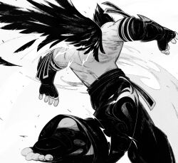 1boy angel_wings armband arms_up commentary dynamic_pose falling_feathers feathered_wings feathers fingerless_gloves foot_out_of_frame from_behind ghellost gloves highres incoming_attack kazama_jin male_focus pointy_hair short_hair simple_background single_wing solo standing standing_on_one_leg tekken topless_male white_background wind wings