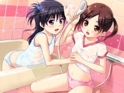 2girls bathroom bathtub black_hair blush breasts brown_hair clothes_lift flat_chest game_cg hair_bobbles hair_ornament kurayama_aya kurayama_saya loli looking_at_viewer meishoujo multiple_girls nipples nonohara_miki one_side_up open_mouth panties see-through_clothes shirt_lift shower shower_head tanuki-soft tub twintails underwear water wet wet_clothes