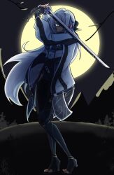 1girl artist_request blue_eyes commentary eiyuu_densetsu english_commentary floating_hair full_body full_moon half_updo high_heels highres holding holding_sword holding_weapon jacket katana kuro_no_kiseki_(series) kuro_no_kiseki_i long_hair looking_at_viewer moon mountain night night_sky one_eye_covered open_clothes open_jacket outdoors pommel_tassel shizuna_rem_misurugi sky solo sword thighhighs weapon white_hair