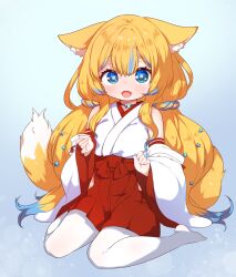 Rule 34 | 1girl, animal ears, babalilo, babalilo (babalilo), bad id, bad misskey.io id, blue eyes, blue hair, blush, braid, choker, colored tips, detached sleeves, fangs, fox ears, fox tail, gradient background, hair ornament, hair scrunchie, high-waist skirt, long hair, looking at viewer, low twin braids, multicolored hair, nontraditional miko, open mouth, original, paid reward available, scrunchie, sitting, skirt, solo, star (symbol), star choker, star hair ornament, streaked hair, tail, thighhighs, twin braids, very long hair, wariza, webp-to-png conversion, white thighhighs