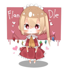 1girl apron blonde_hair character_name chibi crystal crystal_wings english_text engrish_text flandre_scarlet frills full_body heart heart-shaped_pupils maid maid_apron medium_hair nacht_musik ranguage red_eyes side_ponytail simple_background symbol-shaped_pupils touhou
