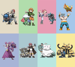 4boys 4girls abomasnow absurdres arms_up bandaid bandaid_on_face bandaid_on_nose barefoot bastiodon belt black_belt black_boots black_cape black_hair black_shirt black_shoes blacknirrow blonde_hair blue_bow blue_eyes blue_gloves blue_jacket blue_pants blue_shirt blue_sweater boots bow brown_shoes byron_(pokemon) candice_(pokemon) cape clenched_hand closed_mouth clothes_around_waist colored_sclera commentary crasher_wake creatures_(company) debris dress elbow_gloves electivire english_commentary eyelashes facial_hair fang fantina_(pokemon) fingerless_gloves floating floatzel game_freak gardenia_(pokemon) gen_4_pokemon glasses gloves green_boots green_poncho grey_jacket grey_pants grey_shoes half-closed_eyes hand_on_own_hip hand_up helmet highres holding holding_shovel jacket kicking long_hair long_sleeves lucario maylene_(pokemon) medium_hair midriff mining_helmet mismagius multicolored_hair multiple_boys multiple_girls muscular muscular_male navel nintendo open_clothes open_jacket open_mouth orange_boots orange_eyes orange_hair orange_shorts outline pants pectorals pink_hair pointing pokemon pokemon_(creature) pokemon_dppt purple_dress purple_hair purple_shoes rampardos red_eyes red_hair red_helmet roark_(pokemon) roserade shirt shoes short_hair short_sleeves shorts shovel sidelocks sitting sleeveless sleeveless_shirt smile socks spiked_hair standing standing_on_one_leg striped_clothes striped_socks sweater sweater_around_waist teeth topless_male twintails two-tone_hair volkner_(pokemon) white_gloves white_outline white_shirt wrestling_mask yellow_sclera