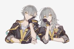 1boy 1girl black_coat black_gloves caelus_(honkai:_star_rail) closed_mouth coat collarbone dual_persona fingerless_gloves gloves grey_hair hair_between_eyes hand_on_own_face hand_up highres honkai:_star_rail honkai_(series) hood hooded_coat lapels long_hair long_sleeves looking_afar open_clothes open_coat r_2ibunnn shirt short_hair simple_background stelle_(honkai:_star_rail) t-shirt trailblazer_(honkai:_star_rail) two-sided_coat two-sided_fabric upper_body white_background white_shirt yellow_coat yellow_eyes