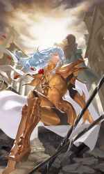 2boys 632698090 absurdres armor armored_boots black_bodystocking black_hair blue_eyes blue_hair bodystocking boots cape crossed_legs drill_hair drill_sidelocks floating_hair flower from_behind gem gemini_saga gold_armor gold_boots high_heel_boots high_heels highres holding holding_flower jewelry long_hair mole mole_under_eye multiple_boys neck_ring necklace outdoors overcast pauldrons petals pillar pisces_aphrodite red_flower red_gemstone red_petals red_rose ringlets rose rose_petals rubble saint_seiya saint_seiya:_legend_of_sanctuary shoulder_armor sidelocks sitting sky trap white_cape