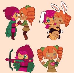 2girls alternate_costume animal_ears arrow_(projectile) beet_cookie bow_(weapon) carrot_cookie cloak commentary cookie_run dark-skinned_female dark_skin deformed drill_hair english_commentary fake_animal_ears fake_tail fawnmoth green_eyes heart highres holding holding_bow_(weapon) holding_hands holding_weapon hood hood_up hug leotard low_twintails multiple_girls multiple_views one_eye_closed orange_background orange_hair petite playboy_bunny purple_hair rabbit_ears rabbit_tail smile tail twin_drills twintails weapon yuri