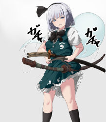 1girl absurdres black_bow black_bowtie black_hairband black_socks blue_eyes bow bowtie breasts commentary_request frilled_skirt frills green_skirt green_vest grey_hair hairband highres hitodama hitodama_print katana kneehighs konpaku_youmu konpaku_youmu_(ghost) medium_hair multiple_swords ootachi sheath sheathed shirt short_sleeves skirt skirt_set socks solo sweat sword thighs touhou translation_request vest weapon white_shirt yuri_kowashi_(tetsukabuto_nuranura)