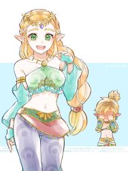 1boy 1girl :d alternate_costume alternate_hairstyle aqua_gloves arm_at_side armlet azulzrkgk bare_shoulders blonde_hair blue_background blush breasts circlet commentary_request covering_own_eyes cowboy_shot crop_top detached_sleeves ear_blush earrings fingerless_gloves gerudo_set_(zelda) gloves green_eyes hand_up highres jewelry link long_hair looking_at_viewer low-tied_long_hair medium_breasts midriff navel nintendo open_mouth pants pointy_ears ponytail princess_zelda short_hair short_ponytail sidelocks simple_background smile teeth the_legend_of_zelda the_legend_of_zelda:_breath_of_the_wild thick_eyebrows two-tone_background upper_teeth_only watermark white_background