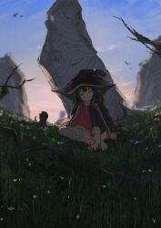 Rule 34 | 1girl, 1other, asymmetrical legwear, backlighting, bandaged leg, bandages, black cat, blue sky, brown hair, cat, chomusuke, cloud, cloudy sky, dawn, dress, field, flower, flower field, gradient sky, grass, hat, horizon, kono subarashii sekai ni shukufuku wo!, koukouya, landscape, lying, megumin, mismatched legwear, morning, mountain, mountainous horizon, nature, on back, on grass, on ground, orange sky, outdoors, red eyes, scenery, short hair, sitting, sky, sleepy, sun, sunlight, sunrise, witch hat