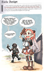 1boy 1girl boots breasts brown_footwear brown_gloves english_text gloves helmet highres inconvenient_breasts kurt_irving large_breasts long_hair military military_uniform miniskirt outdoors pleated_skirt red_eyes red_hair red_skirt riela_marcellis salute senjou_no_valkyria senjou_no_valkyria_(series) senjou_no_valkyria_3 setz short_sleeves side_ponytail skirt speech_bubble standing underbust