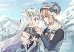 2girls ahoge aoba_chika blue_eyes blue_hat blue_jacket blue_sky breath closed_mouth commentary_request day detached_sleeves eye_contact face-to-face flower from_side green_scarf hair_between_eyes hair_flower hair_ornament hat holding_hands jacket long_hair long_sleeves looking_at_another magia_record:_mahou_shoujo_madoka_magica_gaiden magical_girl mahou_shoujo_madoka_magica miura_asahi mountain multiple_girls orange_hair outdoors profile purple_eyes scarf short_hair sky snow upper_body white_hair winter yukishiro_(hitsuji)