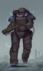 1boy armor brotherhood_of_steel cable cityscape electricity energy_gun fallout helmet highres laser_rifle power_armor power_armor_(fallout) ruins running solo trigger_discipline tungsten_hale weapon