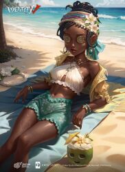1girl absurdres beach beach_towel bikini bikini_top_only black_hair blue_nails blue_shorts blue_sky bracelet button_eyes buttons closed_mouth cloud cloudy_sky cocktail_umbrella coconut company_name copyright_name copyright_notice dark-skinned_female dark_skin day drinking_straw earrings facial_mark floral_print flower frilled_bikini frilled_shorts frilled_sleeves frills gem hair_bun headband heart heart_on_thigh highres hoop_earrings identity_v jewelry knees_together_feet_apart logo lying multiple_bracelets navel necklace ocean off_shoulder official_alternate_costume official_art on_back open_clothes open_shirt outdoors patricia_dorval pearl_(gemstone) promotional_art red_lips ring sand sand_on_skin seashell see-through_clothes see-through_shirt shell shirt shorts sky solo star_(symbol) starfish stitches strapless strapless_bikini swimsuit towel tree very_dark_skin white_bikini white_flower white_headband yellow_shirt