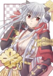 1girl armor black_choker black_gloves bow breasts checkered_background choker cleavage closed_mouth commentary_request dated_commentary elbow_gloves expressionless gloves grey_hair hair_between_eyes hair_bow japanese_armor japanese_clothes kimono kote kurokote large_breasts long_hair looking_at_viewer oboro_(ragnarok_online) ragnarok_online red_bow red_eyes rope_belt sharari solo upper_body vambraces white_background white_kimono yin_yang_hair_ornament