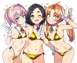 3girls bikini black_eyes blue_eyes breasts commentary_request detached_collar embarrassed fang flat_chest gloves gold_bikini green_eyes hand_on_own_hip heart highleg highleg_bikini highres kagerou_(kancolle) kantai_collection kuroshio_(kancolle) medium_breasts multi-strapped_bikini_bottom multiple_girls navel orange_hair pink_hair ponytail ribbon shiranui_(kancolle) short_hair side-tie_bikini_bottom simple_background skin_fang swimsuit taketora_suzume thick_eyebrows thigh_gap twitter_username v white_background white_gloves white_ribbon