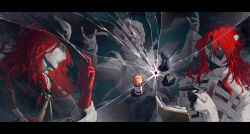 3boys adjusting_clothes adjusting_headwear aleph_(reverse:1999) arms_up bandaged_head bandages black_cape black_gloves black_hat black_mask broken_glass cape chess_piece clipboard covered_eyes crack cracked_mask dark_background dice glass gloves hand_on_headwear hand_up hands_up hat holding holding_clipboard holding_pen jacket letterboxed long_hair male_focus mu&#039;ou_muou multiple_boys multiple_persona pen polyhedral_dice profile red_gloves red_hair reverse:1999 solo_focus sonetto_(reverse:1999) the_idealist_(reverse:1999) upper_body vertin_(reverse:1999) white_jacket