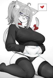 1girl absurdres ahoge animal_ears blue_nails bow breasts cat_ears cat_tail choker clothes_lift collarbone crossed_bangs fang female_pubic_hair fingernails glasses grabbing_own_stomach hair_between_eyes heart highres hololive jewelry lace lace_choker large_breasts long_hair long_sleeves looking_at_viewer nail_polish navel nekomata_okayu open_mouth panties partially_colored ponytail pubic_hair pubic_hair_peek purple_eyes red_bow red_choker ring semi-rimless_eyewear shirt shirt_lift sidelocks sitting smile solo sparkle speech_bubble spoken_heart sweatdrop tail thighhighs underwear varniskarnis virtual_youtuber wariza wedding_ring