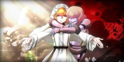 Rule 34 | 2girls, blonde hair, blood, clementine (overlord), cloud, comparison, dress, dual persona, evil smile, game cg, glowing, glowing eyes, highres, hug, hug from behind, light particles, light persona, long sleeves, looking at another, looking at viewer, mass for the dead, multiple girls, official art, open mouth, outstretched arms, overlord (maruyama), red eyes, saint clementine (overlord), short hair, smile, sparkle, sunlight, turtleneck, turtleneck dress, veil, white dress