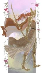 Rule 34 | 1girl, amputee, barefoot, belt, brown dress, bug, butterfly, cape, dress, elden ring, exntrc, from side, full body, fur trim, helmet, highres, holding, holding sword, holding weapon, insect, long hair, malenia blade of miquella, prosthesis, prosthetic leg, red cape, red hair, simple background, solo, sword, very long hair, wavy hair, weapon, winged helmet