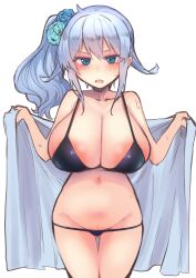 areola_slip bikini black_bikini blue_eyes blue_flower blue_hair blue_rose breasts collarbone cowboy_shot flower groin highres huge_breasts jacket kagami_uekusa navel nervous_sweating nijisanji open_clothes open_jacket open_mouth open_shirt rose shirt side_ponytail sweat swimsuit thighs undressing virtual_youtuber white_background yukishiro_mahiro