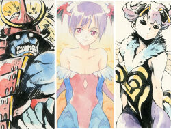 1boy 2girls abdomen_tail agahari animal_print bare_shoulders bat_print bat_wings bishamon_(darkstalkers) breasts closed_mouth darkstalkers demon_girl head_wings leotard lilith_(darkstalkers) looking_at_viewer medium_breasts multiple_girls pantyhose print_pantyhose purple_hair q-bee red_eyes red_leotard short_hair small_breasts smile wings
