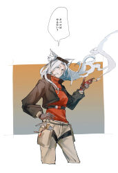 1girl absurdres animal_ear_fluff animal_ears arknights between_fingers border brown_gloves brown_jacket brown_pants catherine_(arknights) cigarette commentary_request crop_top cropped_jacket cropped_legs eyes_visible_through_hair floating_hair gloves grey_eyes grey_hair hand_on_own_hip highres holding holding_cigarette jacket long_hair long_sleeves mouth_hold old old_woman open_clothes open_jacket orange_sweater outside_border pants partial_commentary ryokutya_bantya sketch smoking solo speech_bubble standing sweater translated turtleneck turtleneck_sweater white_border