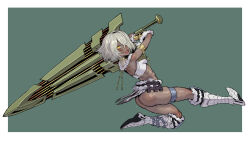 1girl absurdres armor ass bikini_armor blush boots bracer breasts chinese_commentary commentary_request dark-skinned_female dark_skin ebonyxh eyes_visible_through_hair freckles fur-trimmed_boots fur_trim greatsword green_background hair_over_one_eye highres holding holding_sword holding_weapon looking_at_viewer monster_hunter_(series) monster_hunter_wilds open_mouth pointy_breasts ringed_eyes short_hair simple_background small_breasts solaria_(ebonyxh) steaming_body sweat sword very_sweaty weapon white_background white_hair yellow_eyes
