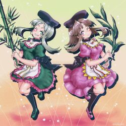 2girls apron bamboo black_socks breasts carbohydrate_(asta4282) constellation_print dress frilled_apron frilled_dress frills full_body green_dress green_eyes green_hair green_shoes hat highres holding holding_plant kneehighs multiple_girls myouga_(plant) nishida_satono one_eye_closed pink_dress plant puffy_short_sleeves puffy_sleeves purple_eyes shoes short_hair_with_long_locks short_sleeves sidelocks small_breasts socks tate_eboshi teireida_mai touhou waist_apron white_apron