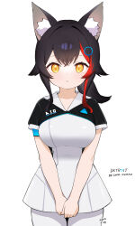 1girl absurdres alternate_costume animal_ear_fluff animal_ears black_hair breasts commentary_request cowboy_shot crossed_bangs detroit:_become_human expressionless glowing glowing_eyes highres hololive kani_bonara large_breasts looking_at_viewer multicolored_hair ookami_mio ponytail red_hair simple_background solo streaked_hair v_arms virtual_youtuber white_background wolf_ears wolf_girl