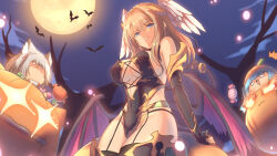 Rule 34 | 3girls, bare shoulders, bat (animal), black leotard, black sleeves, blue eyes, borrowed character, breasts, brown hair, cat with a brush, cleavage, demon girl, demon horns, demon tail, demon wings, detached sleeves, eunie (xenoblade), feathered wings, from below, full moon, halloween, head wings, highleg, highleg leotard, highres, horns, large breasts, leotard, looking at viewer, looking down, low wings, medium hair, moon, multiple girls, nia (xenoblade), night, pumpkin, solo focus, strapless, strapless leotard, tail, white wings, wings, xenoblade chronicles (series), xenoblade chronicles 3
