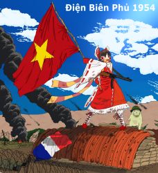 1954 1girl absurdres barbed_wire battle_of_dien_bien_phu battle_standard benikurage_(cookie) black_legwear blue_sky boots bow brown_eyes brown_hair bunker cat cloud commentary_request cookie_(touhou) cross-laced_footwear day detached_sleeves fire first_indochina_war flag french_flag frilled_bow frilled_hair_tubes frills full_body gloves green_pants gun hair_bow hair_tubes hakurei_reimu helmet highres manatsu_no_yo_no_inmu medium_hair mittens miura_cat orange_scarf pai_kebon_baa pants parted_bangs photo-referenced ppsh-41 red_bow red_gloves red_shirt red_skirt ribbon-trimmed_sleeves ribbon_trim sarashi scarf shirt skirt sky sleeveless sleeveless_shirt smoke socks standing star_(symbol) striped_clothes striped_scarf submachine_gun touhou vietnamese_flag war_flag waving_flag weapon white_footwear white_sleeves yellow_scarf