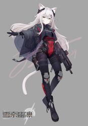 1girl absurdres animal_ear_fluff animal_ears arm_strap assault_rifle black_boots black_gloves black_jacket bodysuit boots breasts bullpup cat_ears cat_girl cat_tail chinese_commentary closed_mouth commentary_request cropped_jacket dated full_body gloves grey_background grey_hair gun hair_ornament handgun headpiece highres holding holding_gun holding_weapon holster iwi_x95 jacket jerry_wang knee_pads lapels light_frown logo long_hair medium_breasts optical_sight orange_eyes original outstretched_arm rifle sidelocks signature simple_background solo tail thigh_holster thigh_strap watermark weapon weapon_request white_hair x_hair_ornament