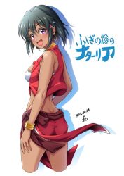 1girl :d arm_at_side ass back bandeau bare_shoulders black_hair blush bracelet breasts butt_crack commentary_request cosplay cowboy_shot cropped_legs dark-skinned_female dark_skin dated earrings female_focus from_behind fushigi_no_umi_no_nadia green_hair hair_between_eyes hair_ornament hairclip highres hoop_earrings idolmaster idolmaster_cinderella_girls jewelry looking_at_viewer looking_back medium_breasts nadia_la_arwall nadia_la_arwall_(cosplay) natalia_(idolmaster) open_clothes open_mouth open_vest panties purple_eyes red_vest round_teeth short_hair sideboob sidelocks signature simple_background skindentation smile solo standing teeth translation_request underwear upper_body vest white_background white_panties yoohi
