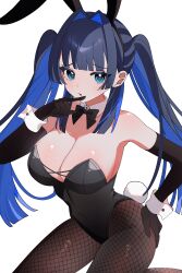 1girl absurdres alternate_costume alternate_hairstyle animal_ear_hairband animal_ears bare_shoulders black_bow black_bowtie black_gloves black_hair black_leotard blue_eyes blue_hair blunt_bangs blunt_ends bow bowtie breasts colored_inner_hair commentary detached_collar elbow_gloves fake_animal_ears fake_tail fishnet_pantyhose fishnets gloves hair_intakes hairband hana20000920 hand_on_own_hip hand_up highres hololive hololive_english large_breasts leotard long_hair looking_at_viewer md5_mismatch multicolored_hair ouro_kronii pantyhose playboy_bunny rabbit_ear_hairband rabbit_ears rabbit_tail sidelocks simple_background solo strapless strapless_leotard symbol-only_commentary tail virtual_youtuber white_background wrist_cuffs
