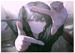 1girl :| absurdres arms_up black_bow black_hair black_hoodie bow close-up closed_mouth commentary english_commentary expressionless film_grain finger_frame from_above guard_rail hair_bow highres hood hood_down hoodie kyano_(kyanora3141) long_sleeves no_nose original outdoors outstretched_arms solo twintails upper_body yellow_eyes