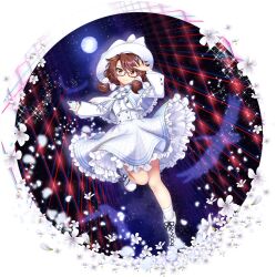 1girl alternate_costume alternate_headwear_color boots bow capelet cellphone closed_mouth falling_petals flower flower_request frilled_capelet frilled_skirt frills full_body game_cg hair_bow hat highres holding holding_phone lace-up_boots leg_up long_hair long_sleeves looking_at_viewer moon necktie official_art petals phone rotte_(1109) shirt shoes skirt smartphone smile socks solo space sparkle third-party_source touhou touhou_lostword transparent_background usami_sumireko usami_sumireko_(white_uniform_of_secrets_and_seals) white_boots white_bow white_capelet white_flower white_hat white_necktie white_shirt white_shoes white_skirt white_socks