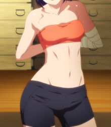 1girl anime_screenshot arms_behind_back bike_shorts breasts highres kanbaru_suruga koyomimonogatari medium_hair midriff monogatari_(series) navel solo stitched strapless third-party_edit tomboy toned toned_female toned_stomach tube_top